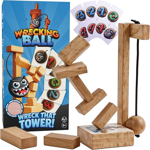 Wrecking Ball box with hardwood blocks, action cards and the crane