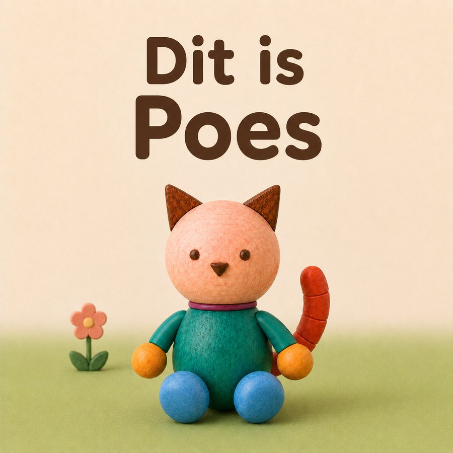 De kaft van Dit is Poes: een houten poesje in het gras